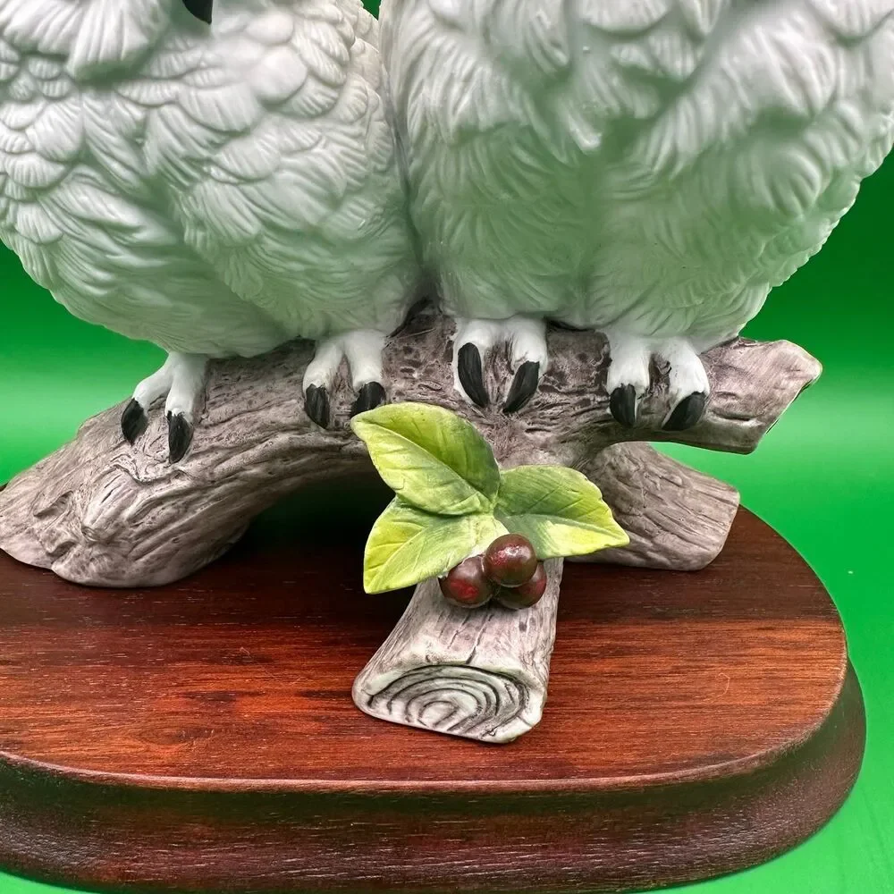 Vintage Andrea by Sadek Snowy Owls Porcelain Figurine 9340 with Base